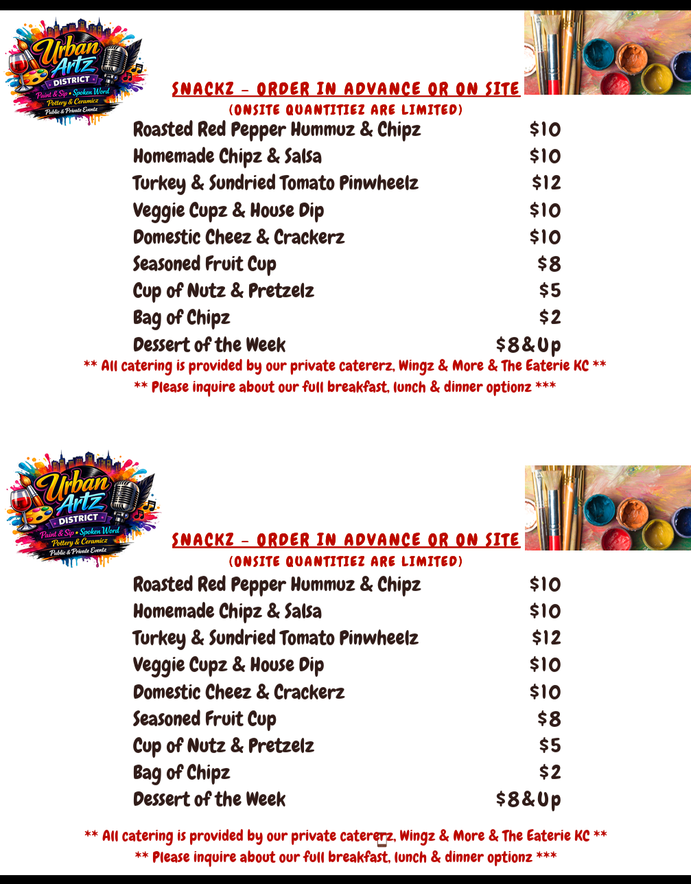 Urban Artz District catering snackz menu with pricing